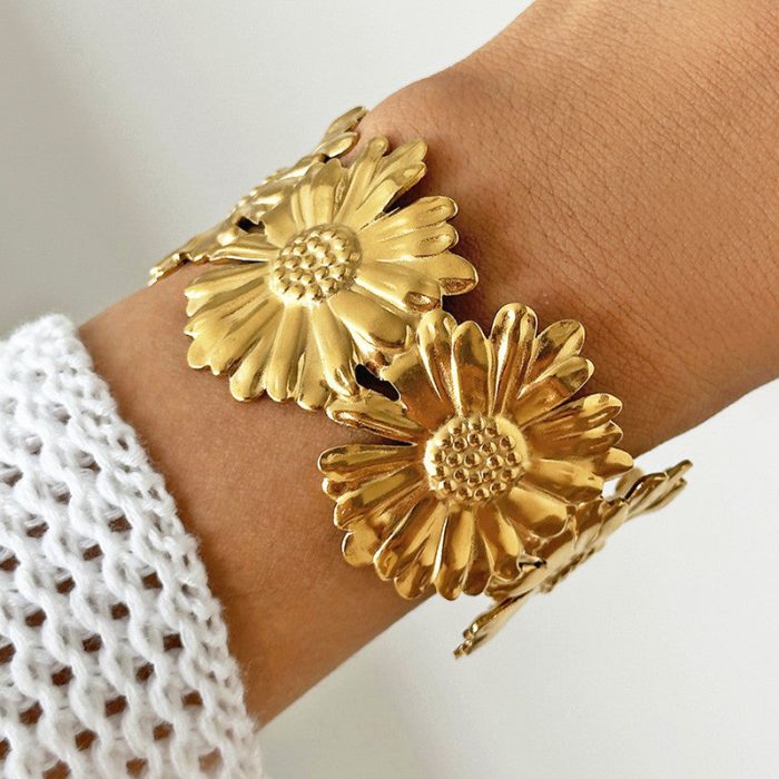 Gold Stainless Steel Floral Themed Cuff Bracelet - Image 6
