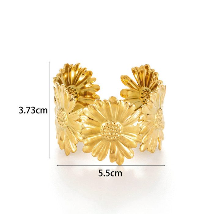 Gold Stainless Steel Floral Themed Cuff Bracelet - Image 8