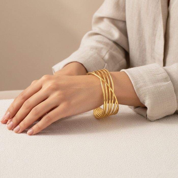 Gold Stainless Steel Contemporary Cuff Bracelet - Image 2