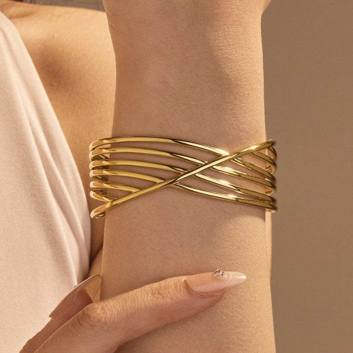 Gold Stainless Steel Contemporary Cuff Bracelet - Image 4