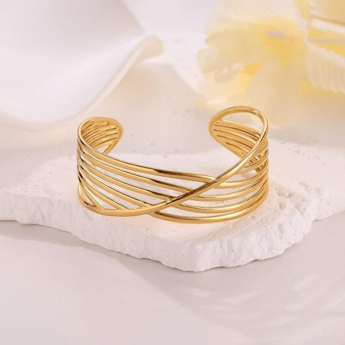 Gold Stainless Steel Contemporary Cuff Bracelet - Image 6