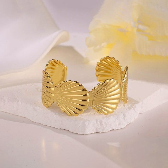 Gold Stainless Steel Shell Themed Cuff Bracelet - Image 6