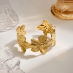 Gold Stainless Steel Floral Themed Cuff Bracelet
