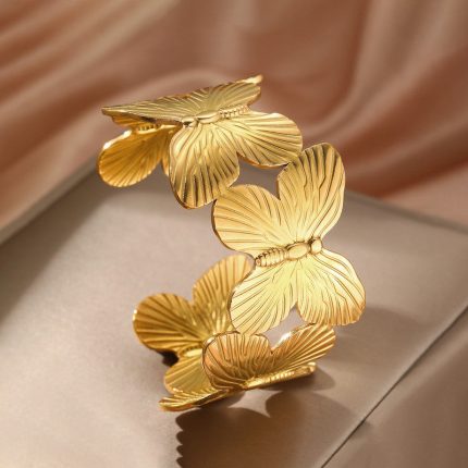 Gold Stainless Steel Butterfly Themed Cuff Bracelet