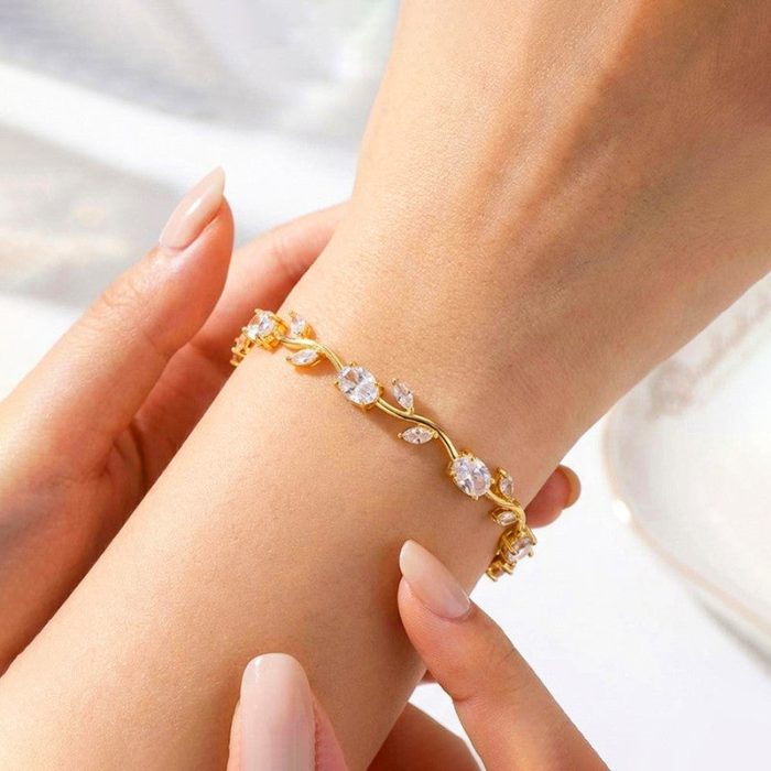 Gold Plated White Stones Studded Anti Tarnish Tulip Bracelet - Image 6