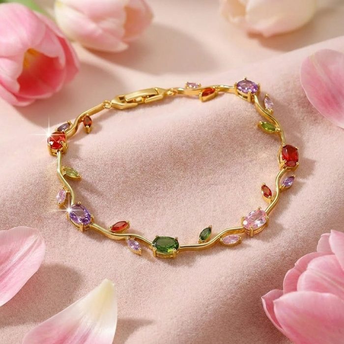 Gold Plated Multicolor Stones Studded Anti Tarnish Tulip Bracelet - Image 4