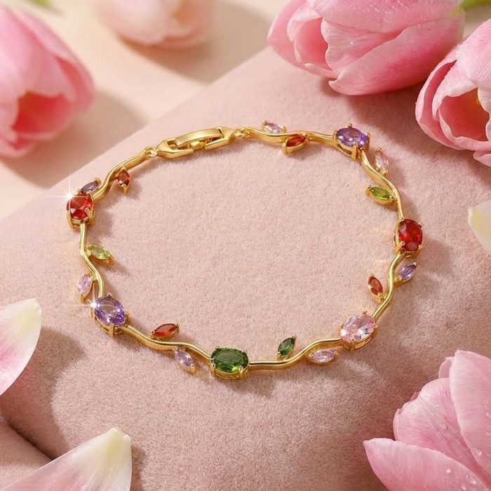 Gold Plated Multicolor Stones Studded Anti Tarnish Tulip Bracelet - Image 6
