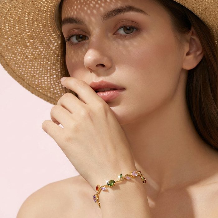 Gold Plated Multicolor Stones Studded Anti Tarnish Tulip Bracelet - Image 8