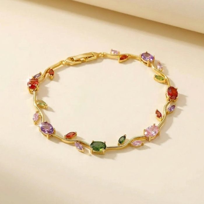 Gold Plated Multicolor Stones Studded Anti Tarnish Tulip Bracelet - Image 9