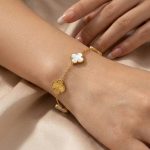 Stainless Steel Anti-Tarnish Clover White Mother of Pearl Link Bracelet For Women - Image 4