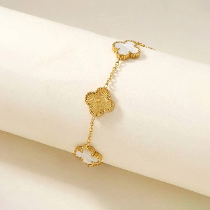 Stainless Steel Anti-Tarnish Clover White Mother of Pearl Link Bracelet For Women - Image 8