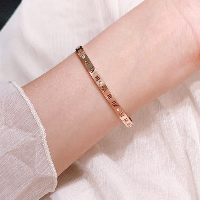 Rose Gold-Plated AD Bangle-Style Anti Tarnish Roman Numerals Bracelet - Image 3