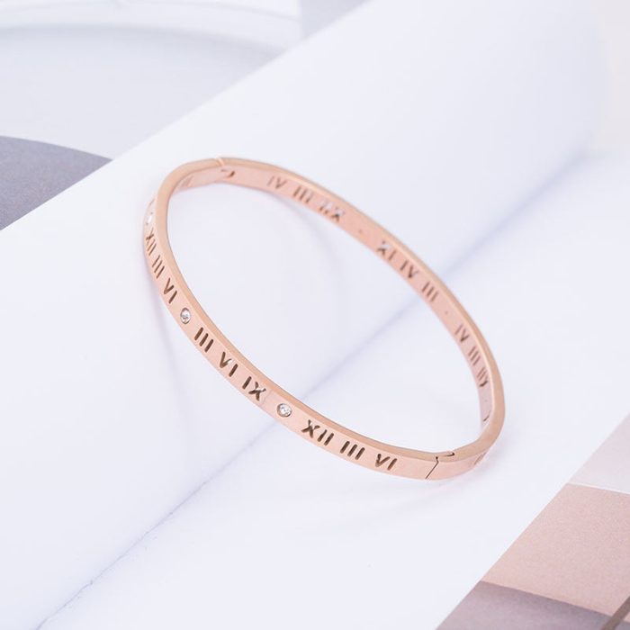 Rose Gold-Plated AD Bangle-Style Anti Tarnish Roman Numerals Bracelet - Image 7