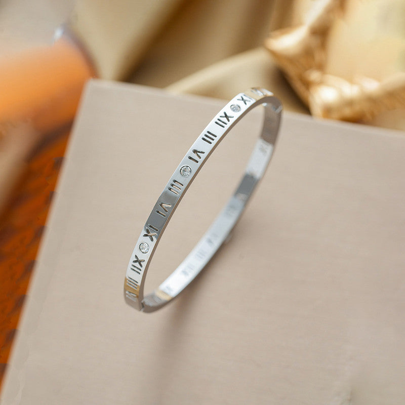 Silver-Plated AD Bangle-Style Anti Tarnish Roman Numerals Bracelet - Image 1