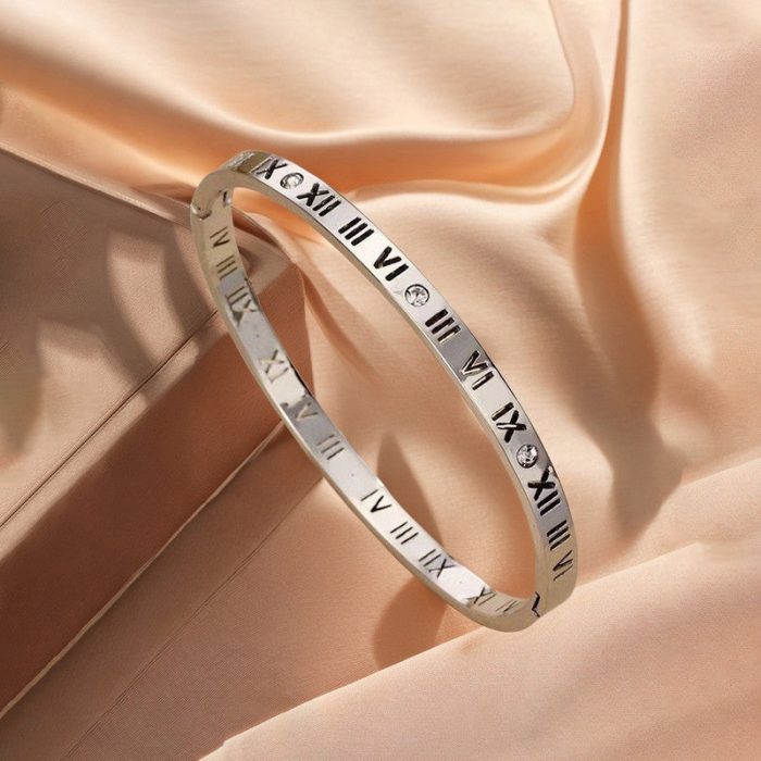 Silver-Plated AD Bangle-Style Anti Tarnish Roman Numerals Bracelet - Image 3