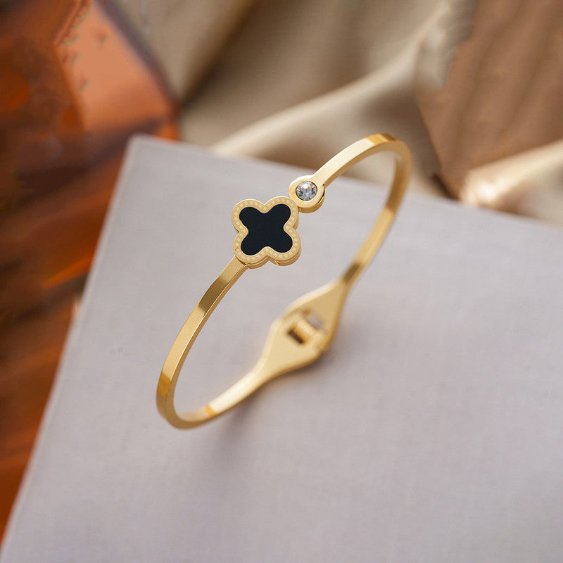Stainless Steel Gold-Plated Bangle-Style Anti Tarnish Clover Bracelet - Image 1