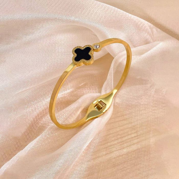 Stainless Steel Gold-Plated Bangle-Style Anti Tarnish Clover Bracelet - Image 3
