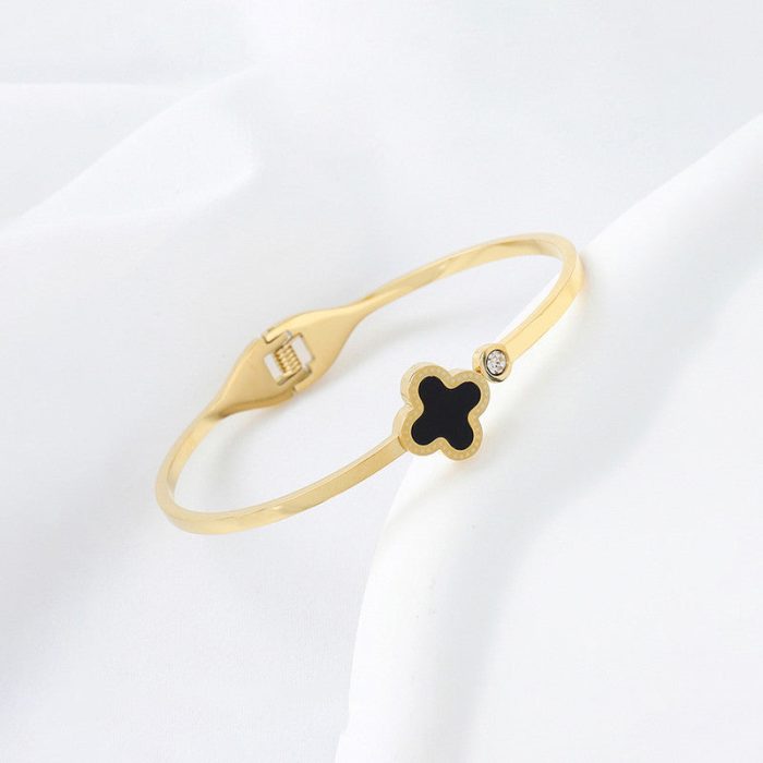 Stainless Steel Gold-Plated Bangle-Style Anti Tarnish Clover Bracelet - Image 8
