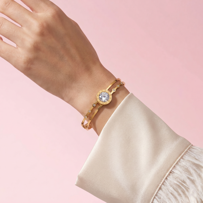 Gold Plated Stainless Steel Stone Embedded Anti Tarnish Bangle Style Bracelet - Image 2