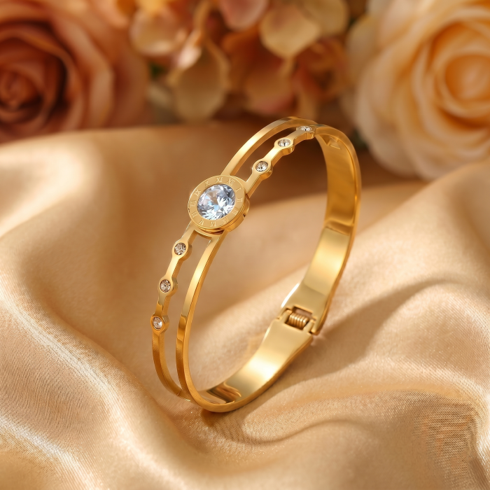 Gold Plated Stainless Steel Stone Embedded Anti Tarnish Bangle Style Bracelet - Image 3