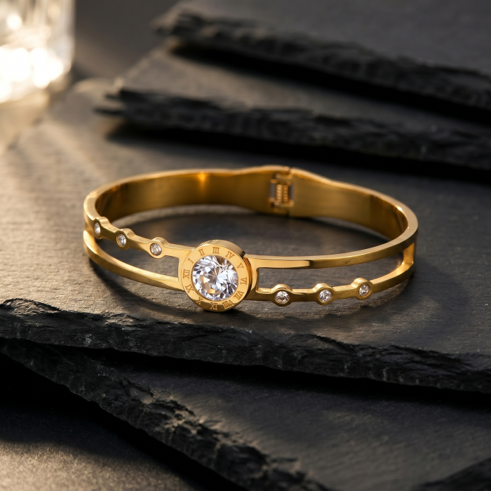 Gold Plated Stainless Steel Stone Embedded Anti Tarnish Bangle Style Bracelet - Image 4