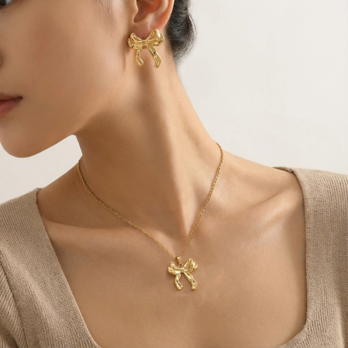 Gold Plated Anti Tarnish Bow Themed Jewellery Set For Girls Women - Image 2