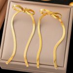Gold Plated Anti Tarnish Bow Themed Drop Earrings - Image 2