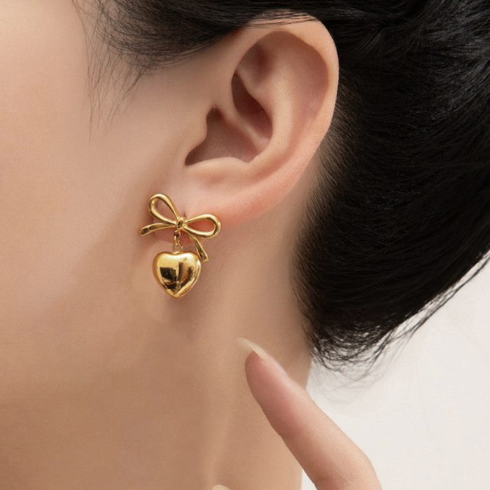 Gold Plated Anti Tarnish Bow-Heart Themed Earrings - Image 8