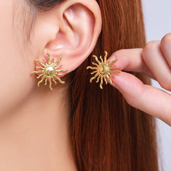 Gold Plated Stainless Steel Anti Tarnish Sun Shaped Stud Earrings - Image 2