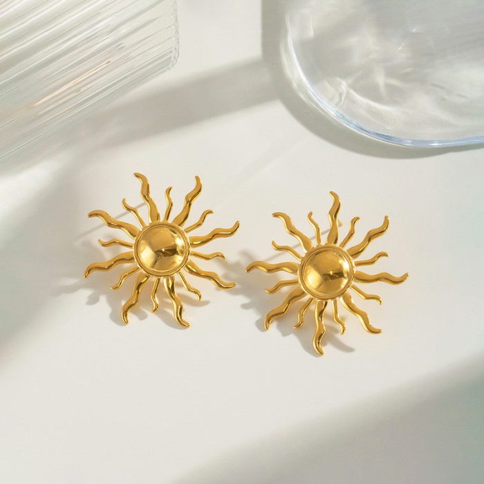 Gold Plated Stainless Steel Anti Tarnish Sun Shaped Stud Earrings - Image 3