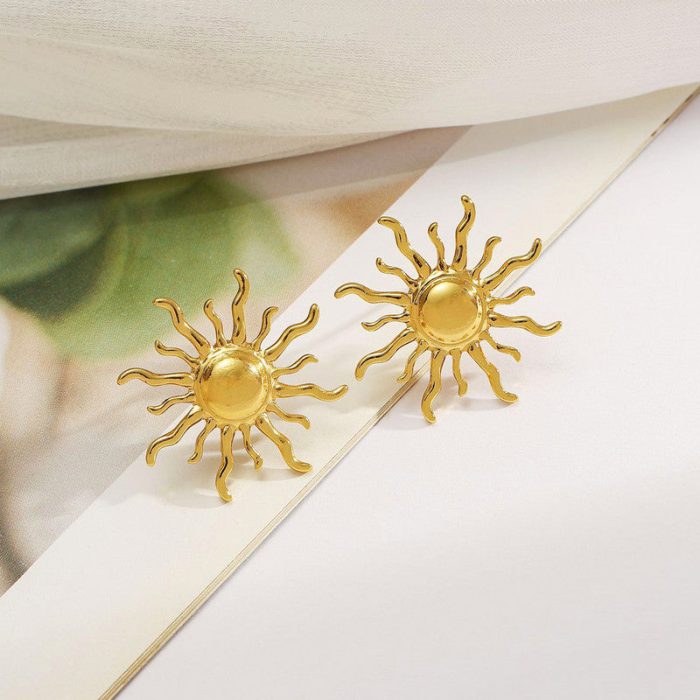 Gold Plated Stainless Steel Anti Tarnish Sun Shaped Stud Earrings - Image 6