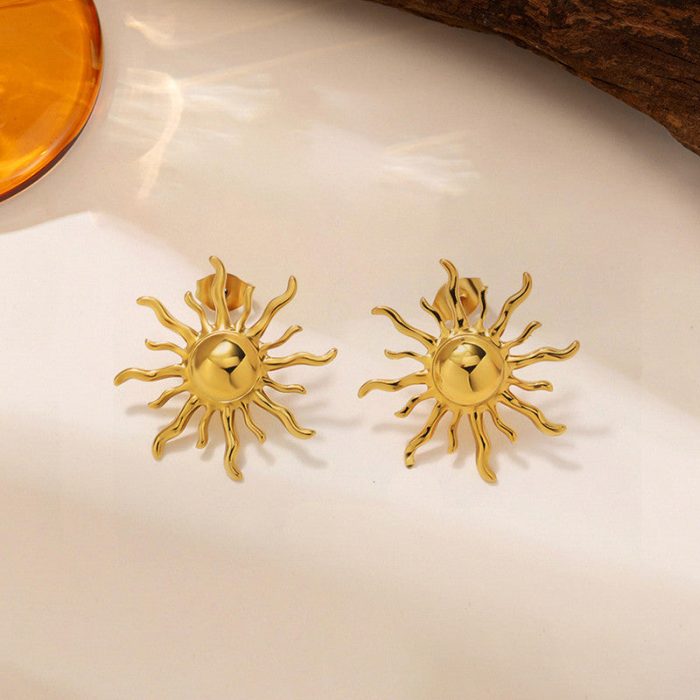 Gold Plated Stainless Steel Anti Tarnish Sun Shaped Stud Earrings - Image 9