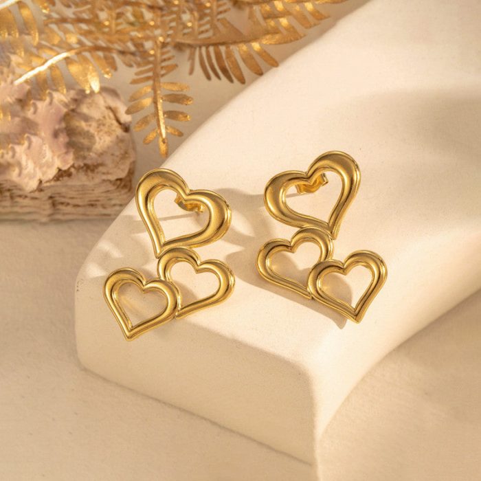 Gold Plated Stainless Steel Anti Tarnish Heart Themed Stud Earrings - Image 4