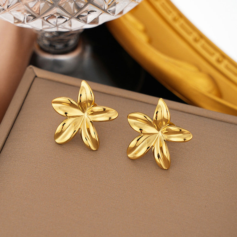 Gold Plated Stainless Steel Anti Tarnish Floral Themed Stud Earrings - Image 1