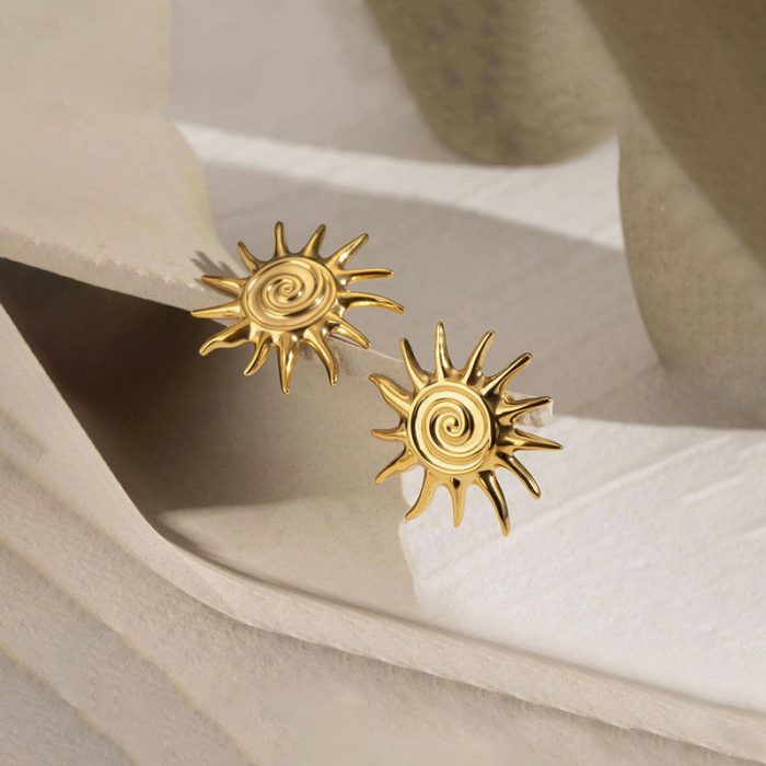 Gold-Plated Anti Tarnish Stainless Steel Sun Shaped Stud Earrings - Image 3