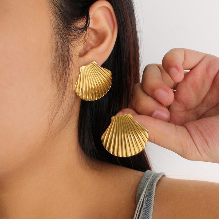 Gold-Plated Anti Tarnish Stainless Steel Shell Shaped Stud Earrings - Image 2