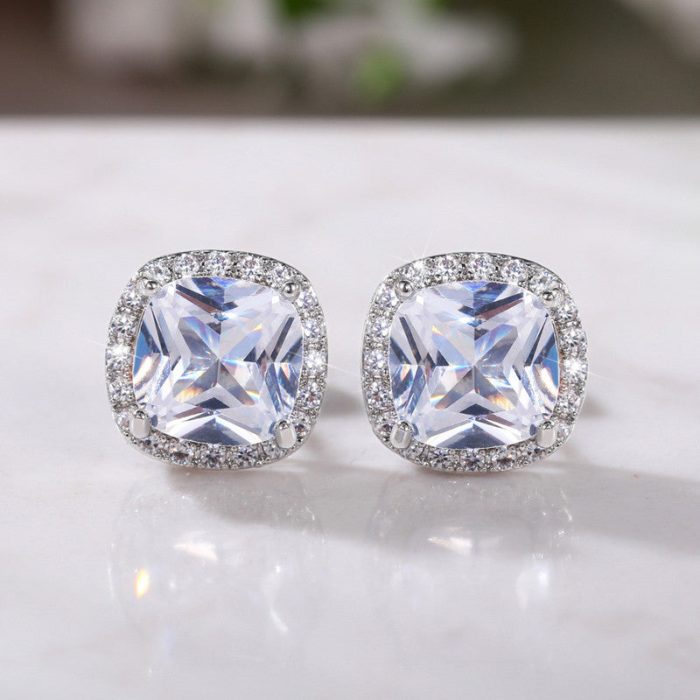Silver Plated Anti Tarnish American Diamond Studded Silver Square Crushed Ice Cut Stud Earrings - Image 6