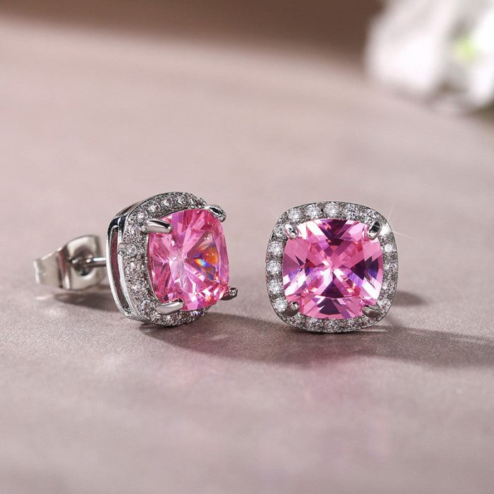 Silver Plated Anti Tarnish American Diamond Studded Pink Square Crushed Ice Cut Stud Earrings - Image 4