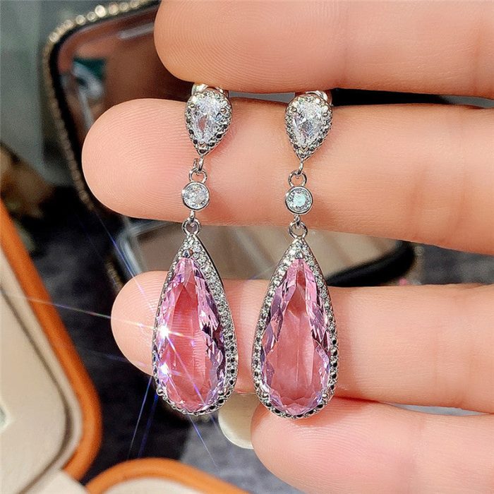 Silver Plated Anti Tarnish American Diamond Studded Pink Teardop Shape Ice Cut Drop Earrings - Image 5