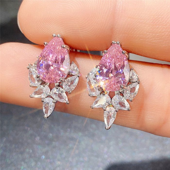 Silver Plated Anti Tarnish American Diamond Studded Pink Crushed Ice Cut Drop Earrings - Image 3