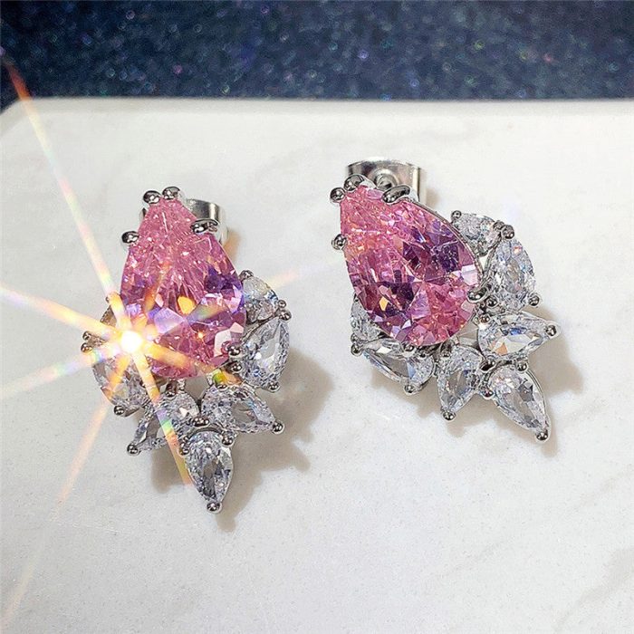 Silver Plated Anti Tarnish American Diamond Studded Pink Crushed Ice Cut Drop Earrings - Image 6