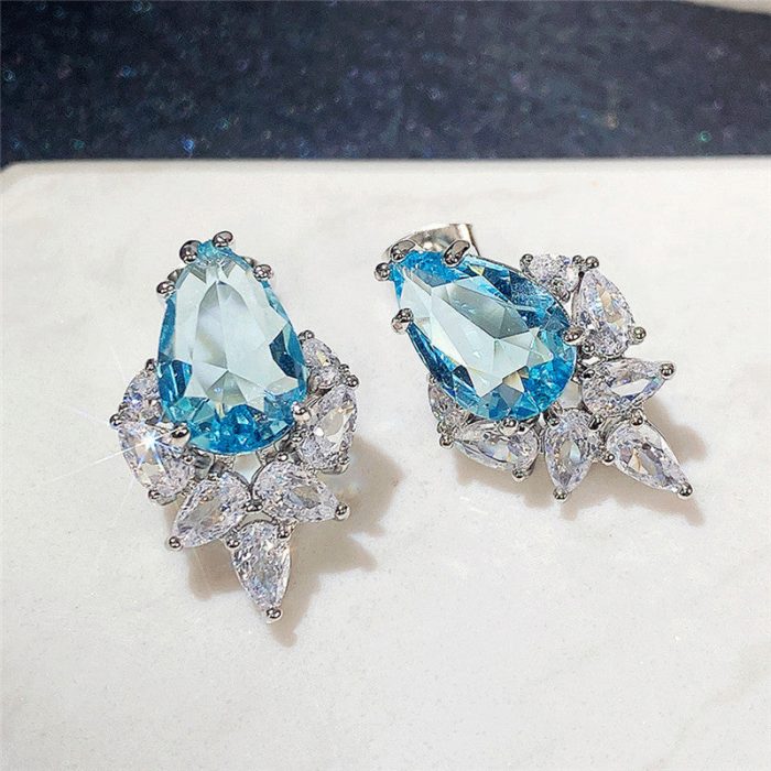 Silver Plated Anti Tarnish American Diamond Studded Blue Crushed Ice Cut Drop Earrings - Image 3