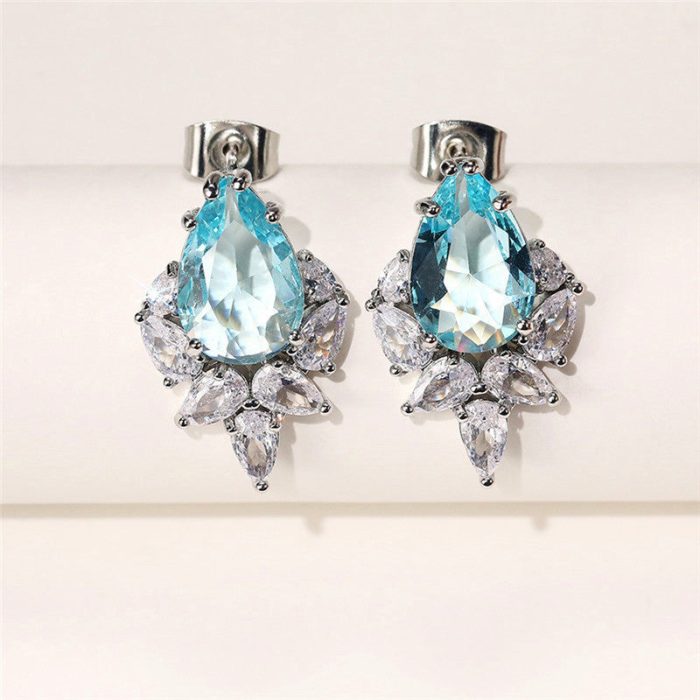 Silver Plated Anti Tarnish American Diamond Studded Blue Crushed Ice Cut Drop Earrings - Image 5