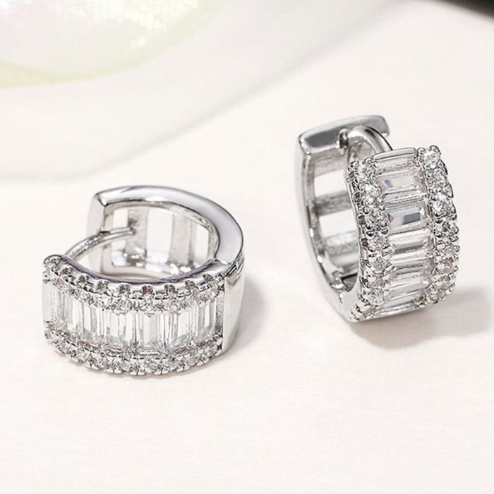 Silver Plated Anti Tarnish American Diamond Studded Contemporary Hoop Earrings - Image 3