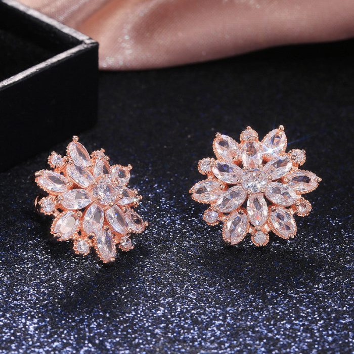Rose Gold Plated American Diamond Studded Floral Silver Stud Earrings - Image 2