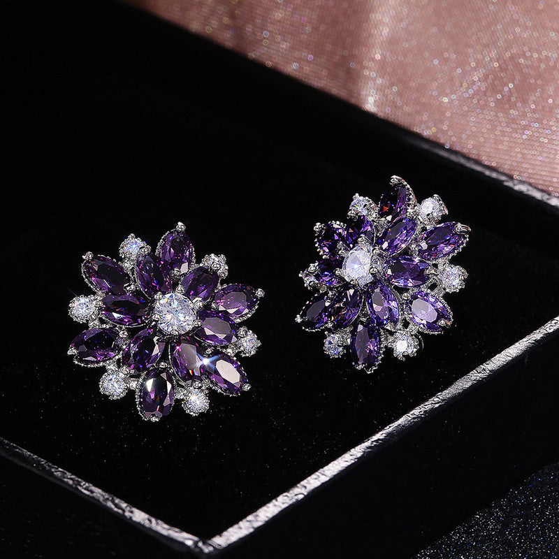 Silver Plated Anti Tarnish American Diamond Studded Purple Floral Silver Stud Earrings - Image 1