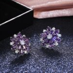 Silver Plated Anti Tarnish American Diamond Studded Purple Floral Silver Stud Earrings - Image 3