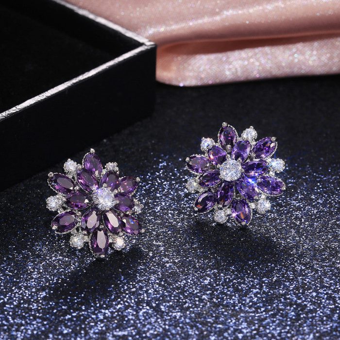 Silver Plated Anti Tarnish American Diamond Studded Purple Floral Silver Stud Earrings - Image 3