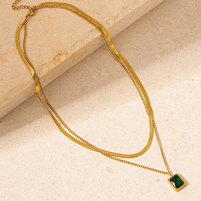 Gold-Plated Anti Tarnish Green Emerald Geometric Layered Necklace - Image 2