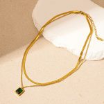 Gold-Plated Anti Tarnish Green Emerald Geometric Layered Necklace - Image 5